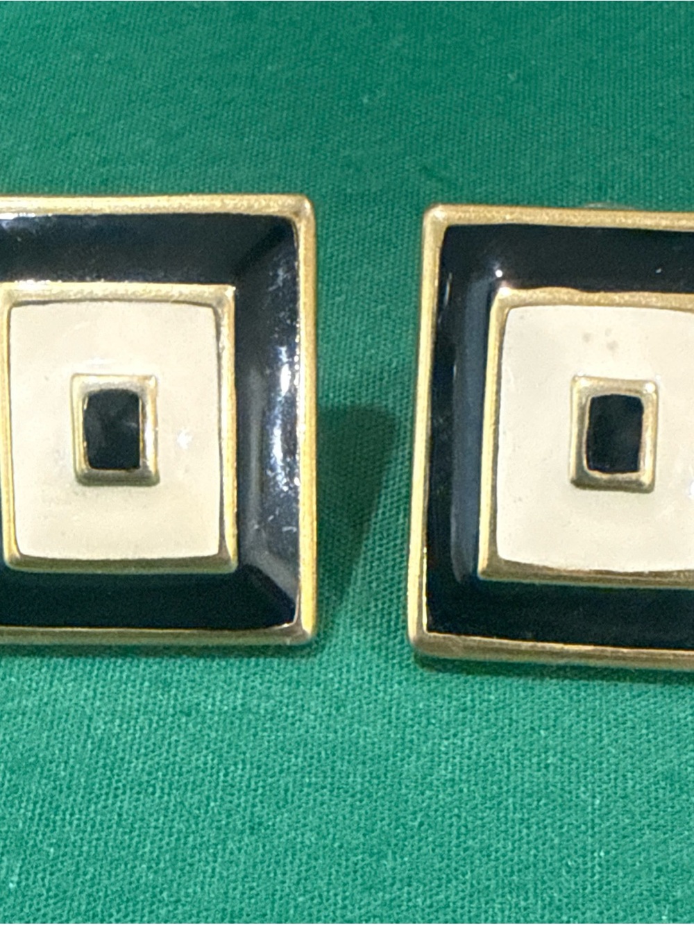 Rectangular Black & Ivory Pierced Earrings Trimmed In A Gold Tone. 132B